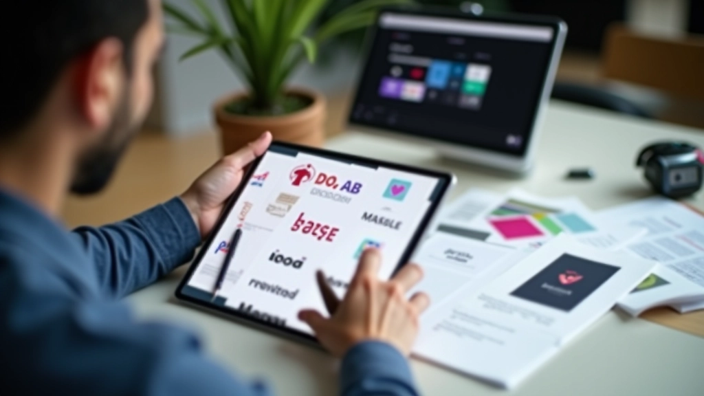 Brand designer reviewing logo variations and color palettes on modern workspace