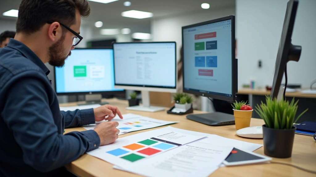 Modern branding design studio workspace with color swatches and design systems displayed on monitors